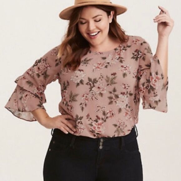 Torrid size 2X dusty rose FLORAL PRINT CHIFFON RUFFLE BELL SLEEVE STRAPPY blouse - Picture 2 of 10